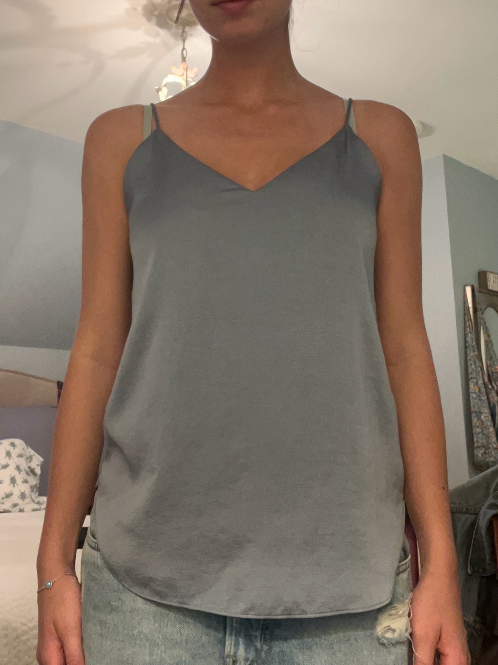 Express Satin V-Neck Cami - Slate Blue